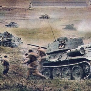 T-34,s and troops assaulting German positions.