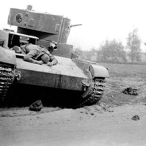 A damaged Russian T-26 light tank of the 33rd Armoured Division, 1941