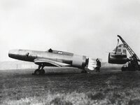 Campini -Caproni .2 during a ground test, with the tail section removed. Note the lit burner w...jpg