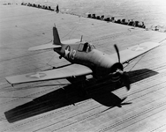 F6F-3 Hellcat 13 of VF-9 engages the barricade on board the carrier USS Essex CV-9 March 25, 1...png