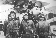 IJN Nokiji Ikuta, Toshio Kuroiwa, and Kazuo Takeo with Nakajima A1N2 type 3 who scored the fir...png