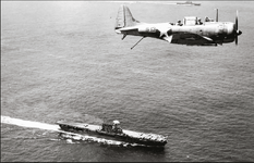 Douglas SBD-3 'S-13' VS-8 flying over USS Enterprise with USS Saratoga to the rear 1942.png