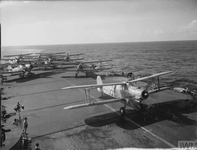 Fairey Albacores of 820 NAS being ranged on the flight deck of HMS Formidable DEST.png