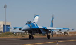 Kazakhstan Air Force Sukhoi Su-27M2 16 Yellow taxiing out at KADEX-2016, Astana Kazakhstan. No...png