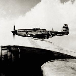 P-51 Mustang viewed from B-17 on bombing run over Germany