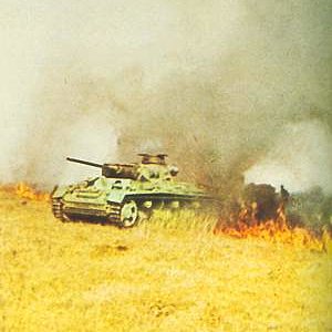 Panzer 3 in a burning field in Russia, 1941