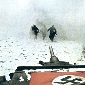 German infantry in front of a Panzer III in mid-December 1941. (The flag's