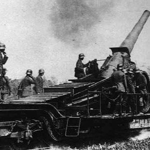 German 17cm gun on rail mount. The recoil would propel the carriage 100 fee