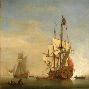 an-english-sixth-rate-ship-firing-a-salute-as-a-barge-leaves-a-royal-yacht-