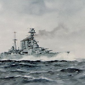 Fine painting of HMS Hood at speed by E Tufnell