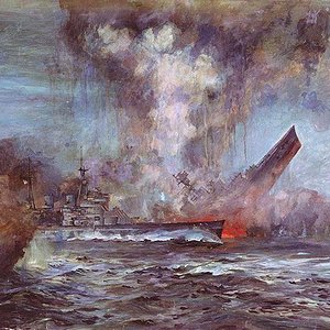 painting of the death of HMS hood, painted by an observer on Prinz Eugen.