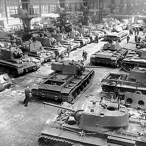 KV-1 tank assembling line at the factory Chelyabinsk,  1942