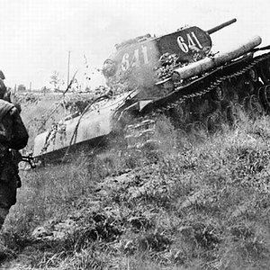 A KV-1 heavy tank  in attack