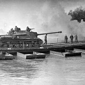 ISU-122S crossing a pontoon bridge, Germany, 1945