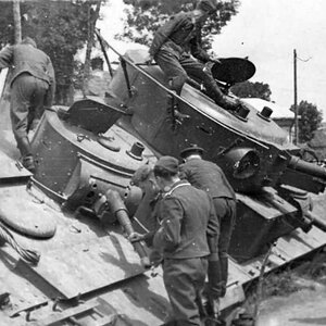 T-35 soviet heavy tank model 1937/38 damaged and abandoned in 1941 examined by Germans