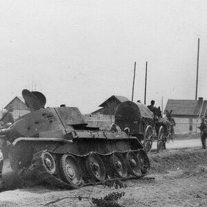 A damaged BT-7 tank, Russia, 1941