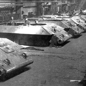 Assembling of T-34 fuselages in the Ural factory no. 183 in Nizhny Tagil, 1942