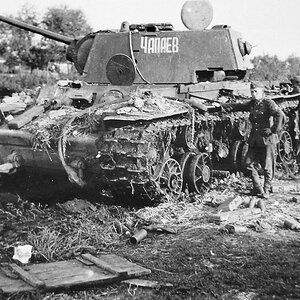 A knocked out KV-1 heavy tank , 1942