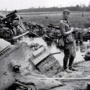 A soviet early T-34 knocked out in 1941