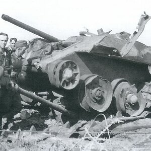 A destroyed T-34 and PAK 38 gun, 1941