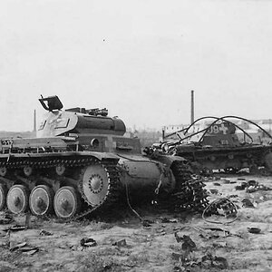 A Panzer II and Panzerbefehlswagen destroyed at the Radom area during the Polish Campaigne, September 1939