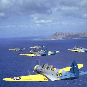 Douglas TBD-1 Devastators of the VT-6 passing Diamond Head, Hawaii 1941