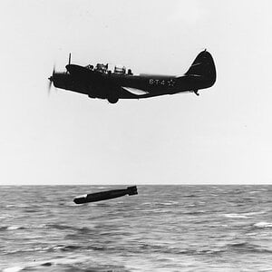 Douglas TBD-1 Devastator of the VT-6 squadron dropping Mk.13 torpedo, 20 October 1941