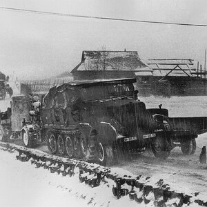 Sd.Kfz.7 prime mover towing an 88mm FlaK AA gun in Russia, the winter 1941