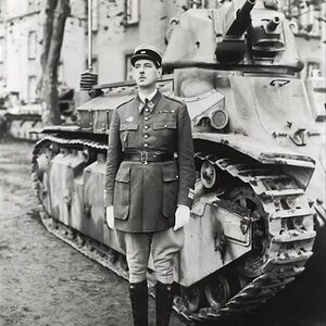 Colonel Charles de Gaulle, the commander of the 507th Tank Regiment with a Renault D2 infantry tank, 1937