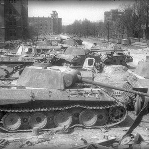 The wrecks of the Pz.Kpfw V "Panther" tanks in Vienna 1945