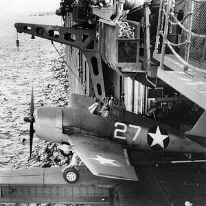 Grumman F6F-3 Hellcat "White 27", VF-1, the hangar deck catapult, USS Yorktown (CV-10). 1943 (2)
