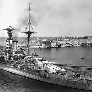 HMS Royal Oak, the Revenge-class battleships, leaving Malta in 30'