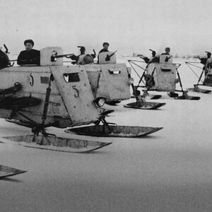 A group of the soviet propeller-driven sledges (aerosanis) NKL-26