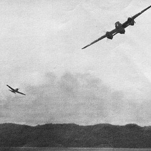 Ki-43 attacking a B-25 off the coast of New Guinea