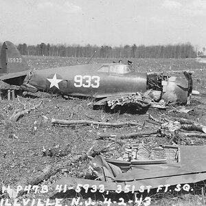 A crashed Republic P-47B Thunderbolt s/n. 41-5933 of the 351 Fighter Squadron, April 1943