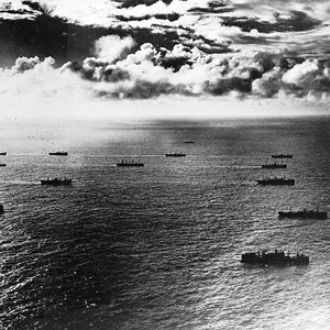 An aerial photo of a sea convoy ca 1942