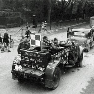 A German VW type 82 Kübelwagen with inscriptions "These are the remains of Polish aviation", 1939