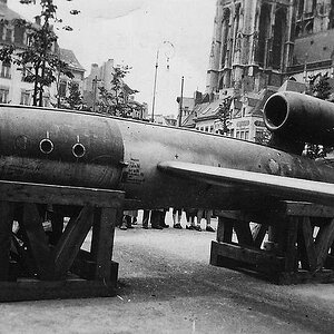 A Fieseler Fi 103 (V-1) flying bomb at the The Groenplaats Exhibition in Antwerp, the Netherlands, 1946 (2)