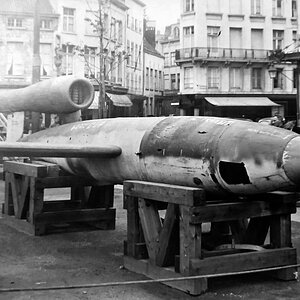 A Fieseler Fi 103 (V-1) flying bomb at the The Groenplaats Exhibition in Antwerp, the Netherlands, 1946 (1)