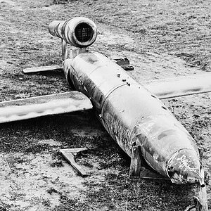A Fieseler Fi 103 (V-1) flying bomb after a "forced landing".