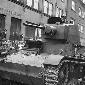 A Polish 7TP light tank during a parade in Czeski Cieszyn following Poland's occupation of Zaolzie in 1938.