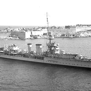 HMS Ceres C-class light cruiser at the La Valletta harbour, Malta