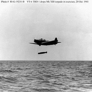Douglas TBD-1 Devastator droping a torpedo during practice runs.