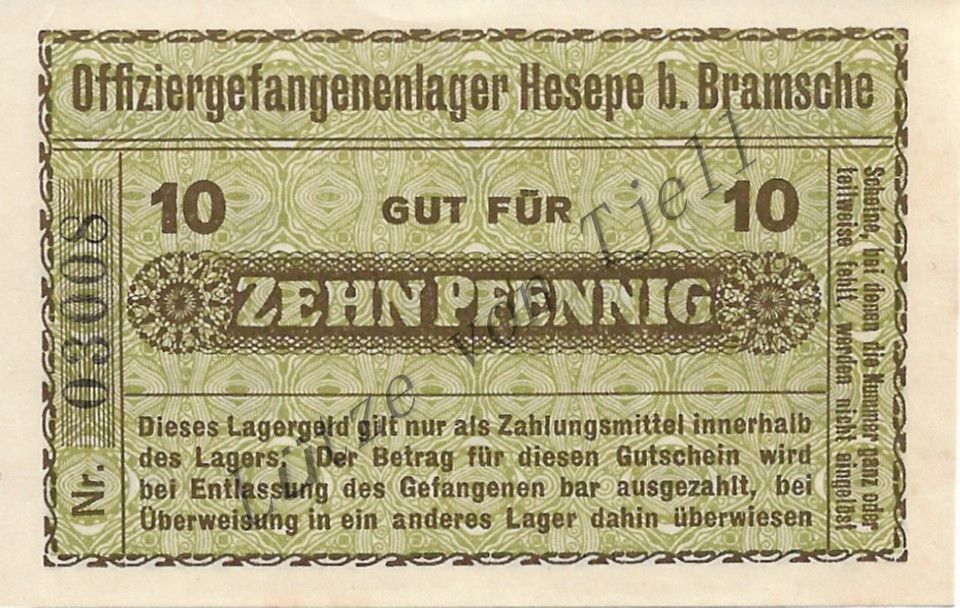 10 Pfennig Geldschein, Offiziersgefangenenlager Hesepe bei Bramsche, erster Weltkrieg