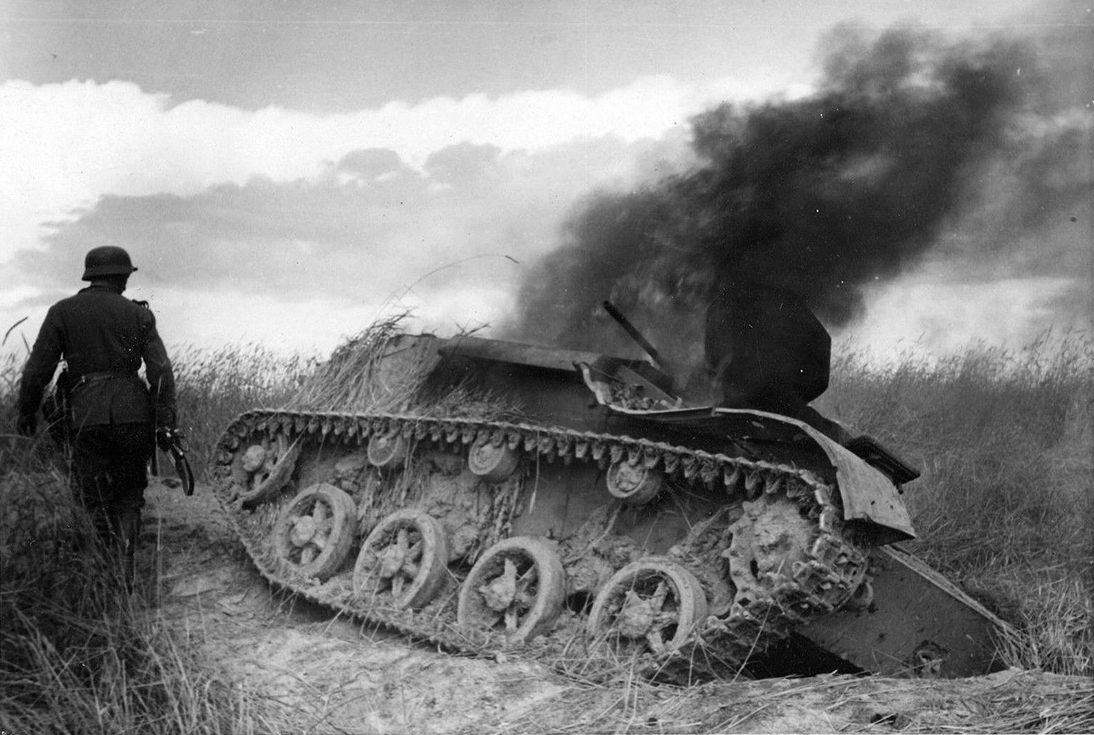 A buring soviet T-60 tank near Stalingrad ,1942