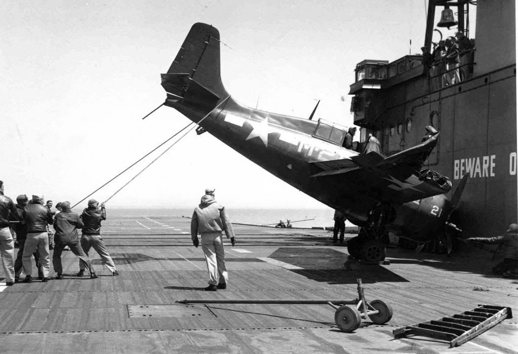 A crashed FM-2 Wildcat, USS Sable (IX-81), 1944 (2)