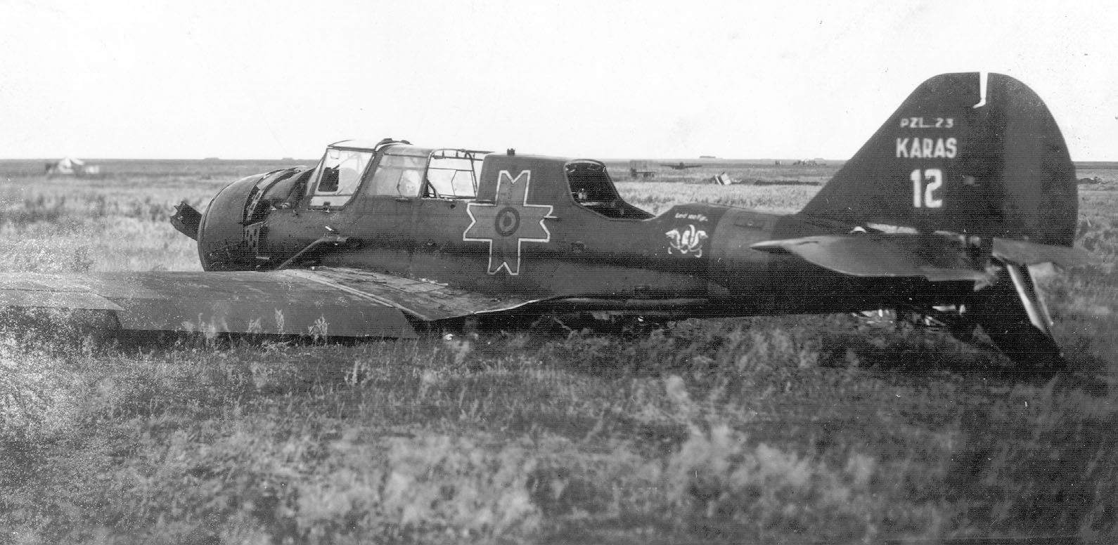 A crashed PZL 23 Karaś, No.12, Romanian AF