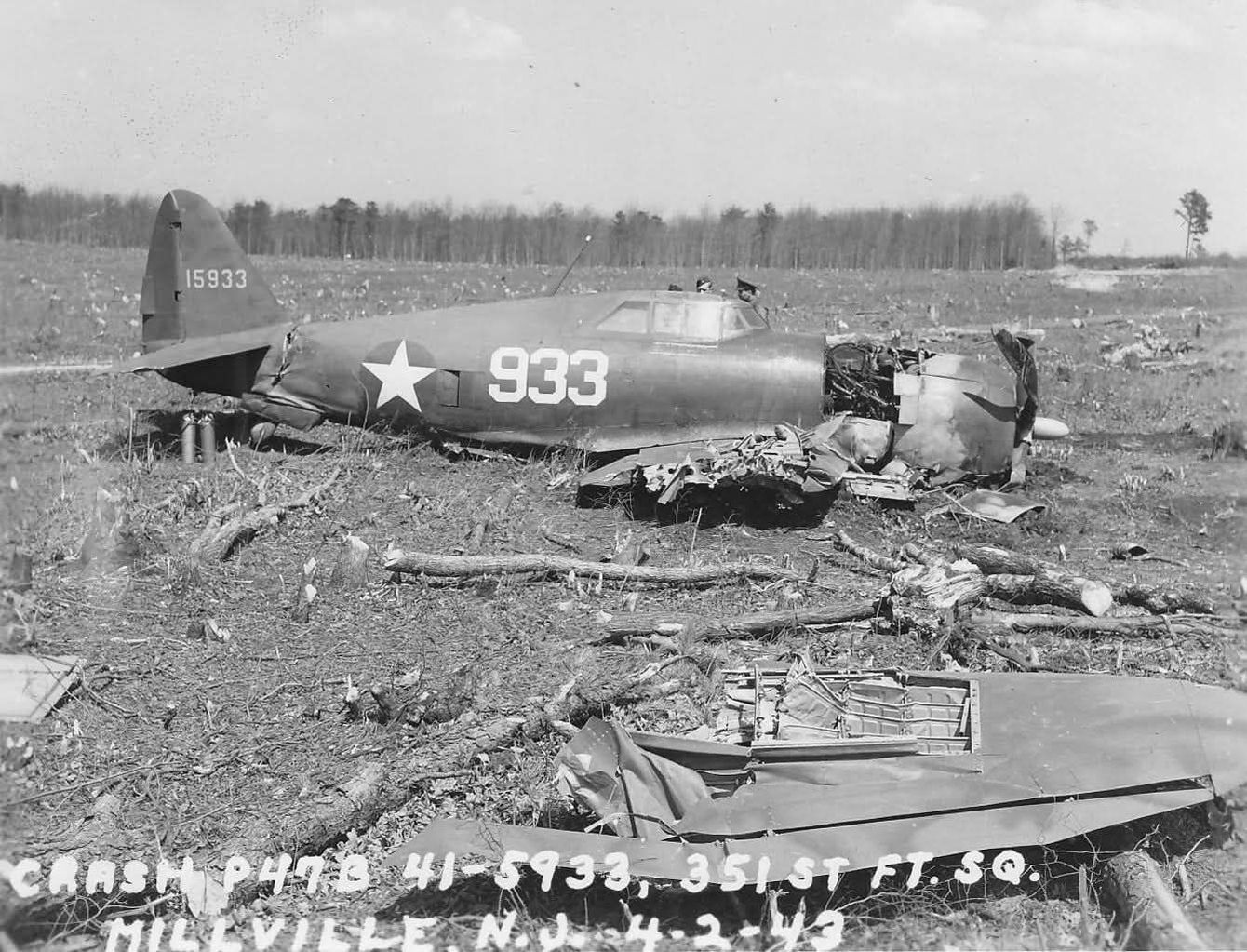 A crashed Republic P-47B Thunderbolt s/n. 41-5933 of the 351 Fighter Squadron, April 1943