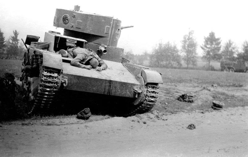 A damaged Russian T-26 light tank of the 33rd Armoured Division, 1941