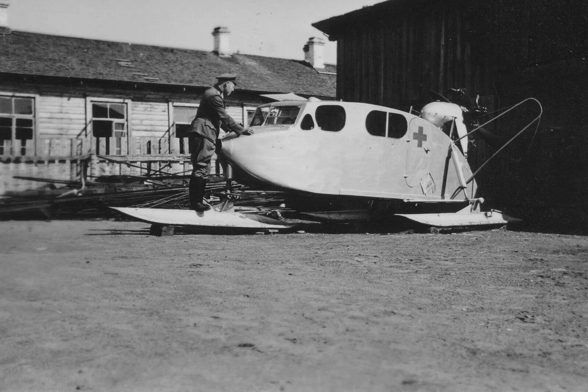 A German captured soviet propeller-driven sledge (aerosani) NKL-16S, the sanitary version of the NKL-16/37